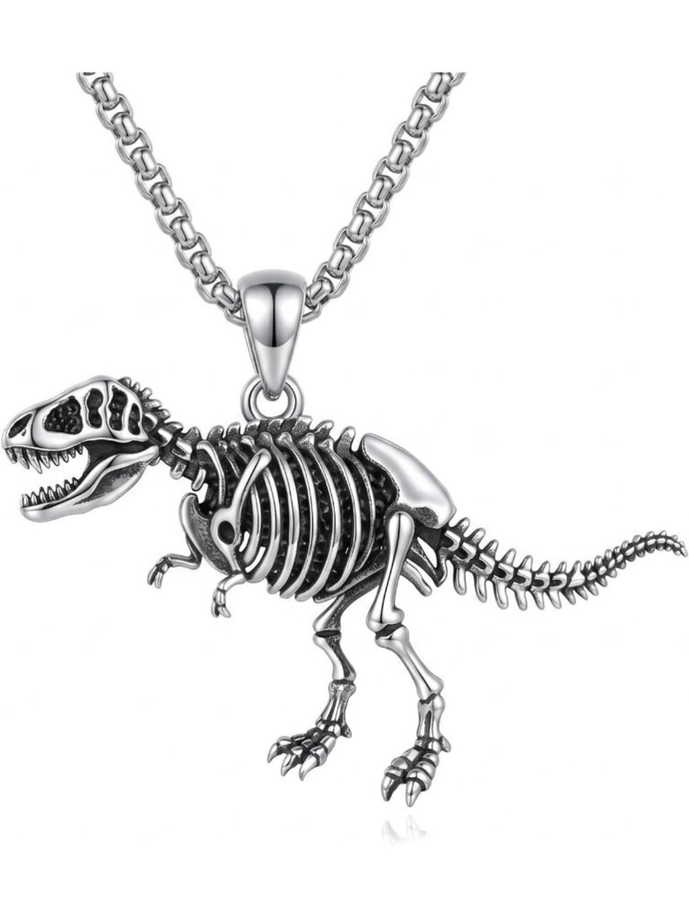 Dinosaur Skeleton Necklace - 925 Sterling Silver Punk Animal Jewelry for Men